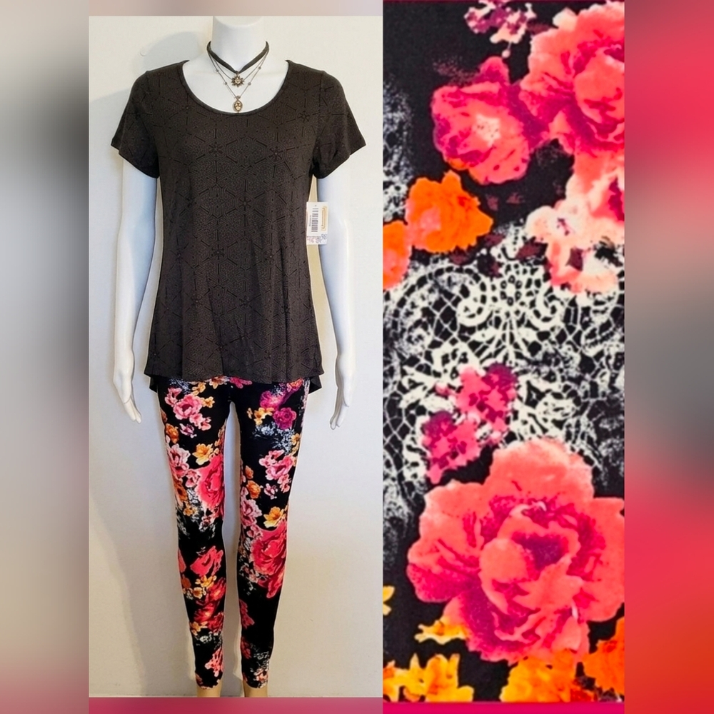 NWT 2Pc SET LuLaRoe S Art Deco Classic T Top, CP Lacy Floral Tween-OS 4 Leggings